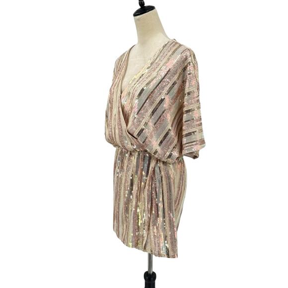 Karlie Sequin Gold Glitter Stripe Faux Wrap V-neck Mini Party Dress - Picture 4 of 16